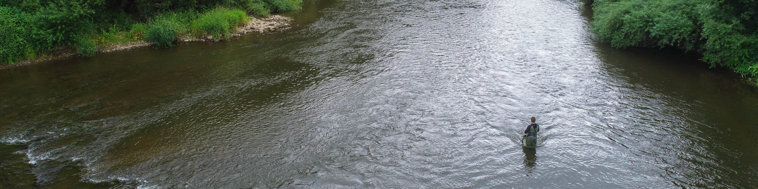 Angler stood on river, viewed from above