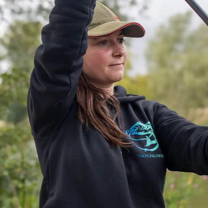 Tackling Minds Ultra Premium Black Fishing Hoodie In Use 2