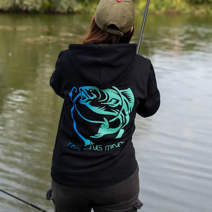 Tackling Minds Ultra Premium Black Fishing Hoodie In Use 3