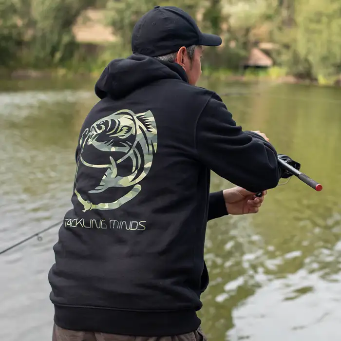 Tackling Minds Ultra Premium Black DPM Camo Fishing Hoodie In Use 1