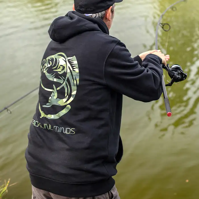 Tackling Minds Ultra Premium Black DPM Camo Fishing Hoodie In Use 2