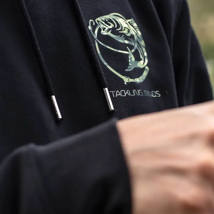 Tackling Minds Ultra Premium Black DPM Camo Fishing Hoodie Close Up Logo