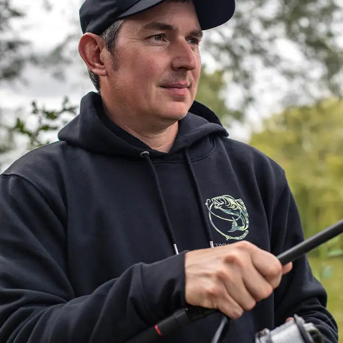 Tackling Minds Ultra Premium Black DPM Camo Fishing Hoodie In Use 4