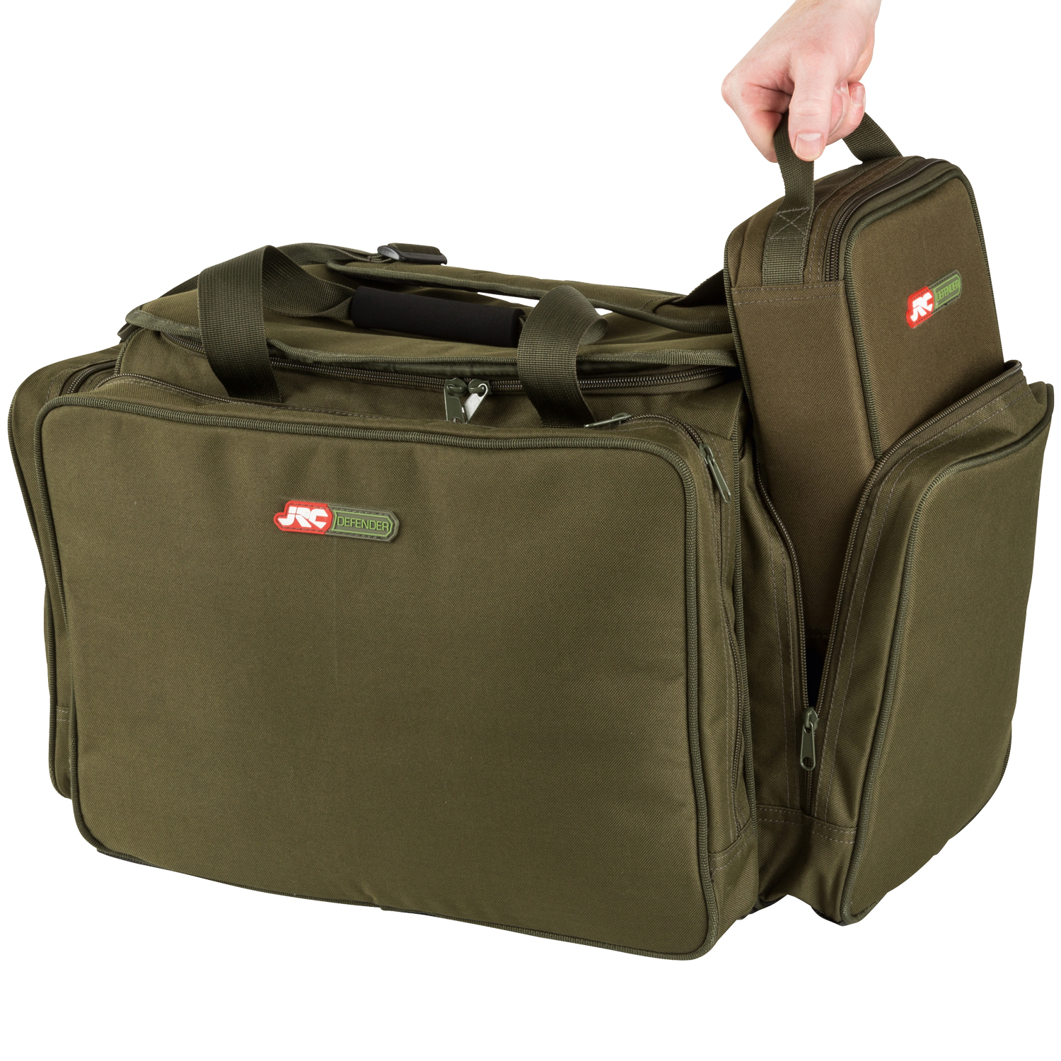 JRC Defender Large Fishing Carryall Angled View Featuring Accessory Pouch 