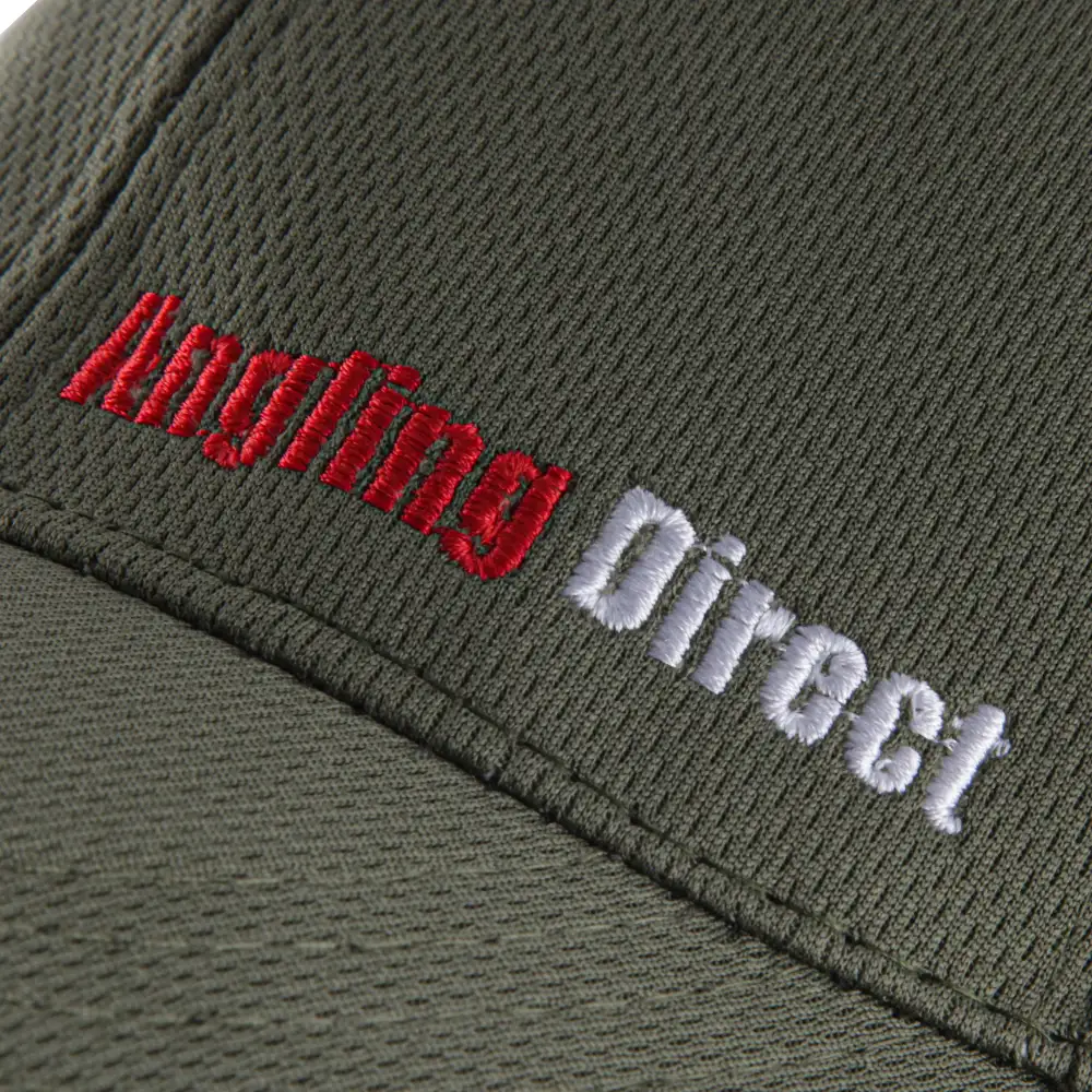 AD Fishing Baseball Caps Olive & Red Close Up Logo