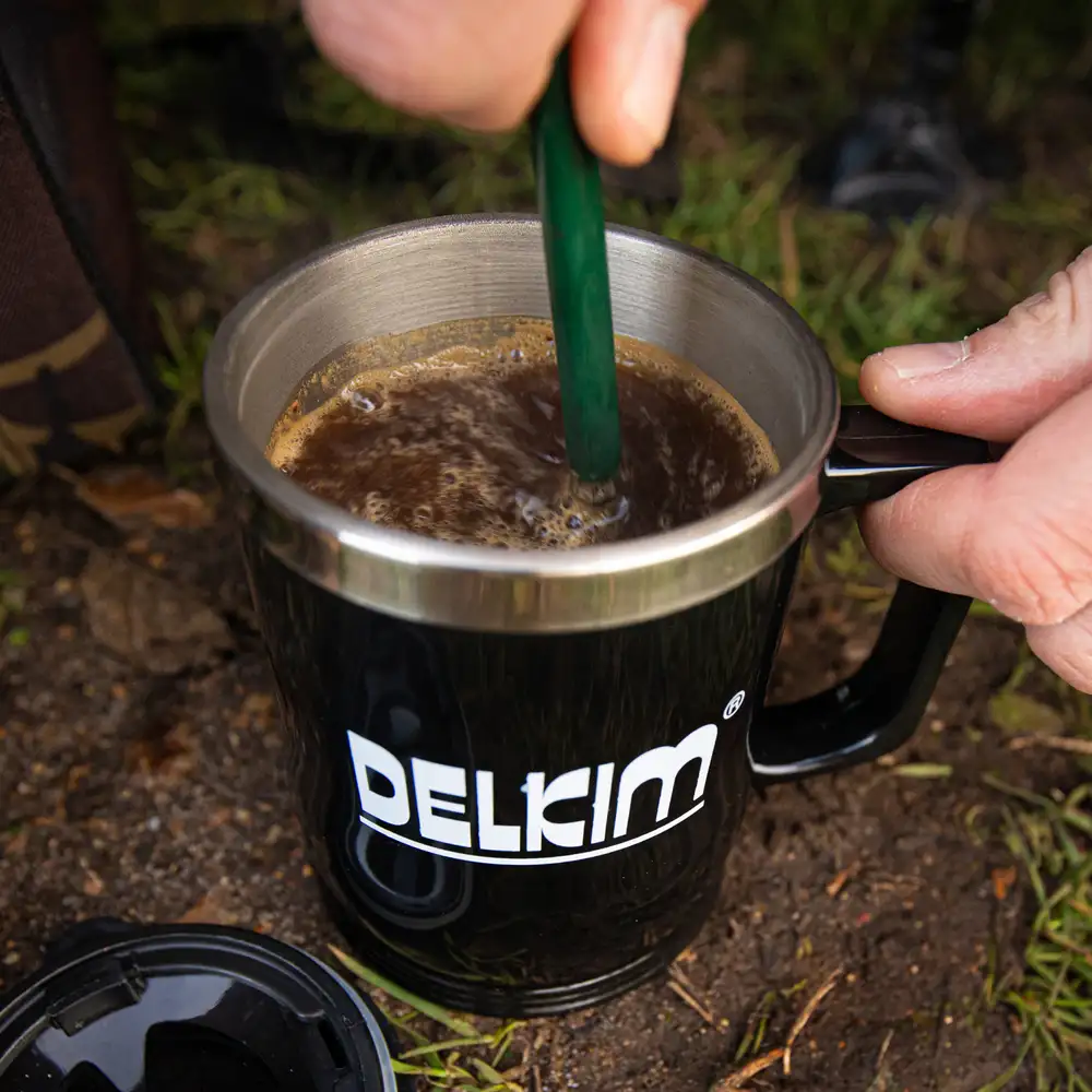 Delkim Fishing Mug In Use With Coffee