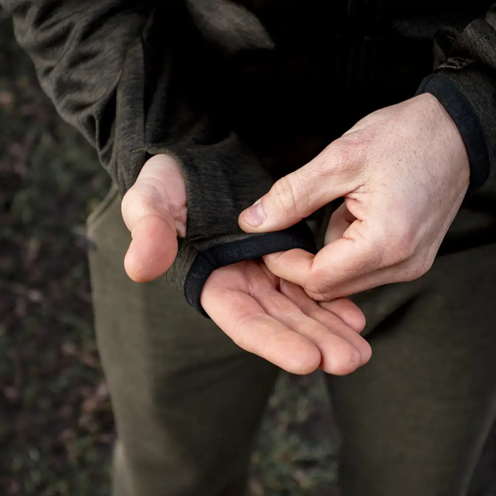 Trakker Marl Fleece Backed Fishing Hoodie In Use Cuff/Hand