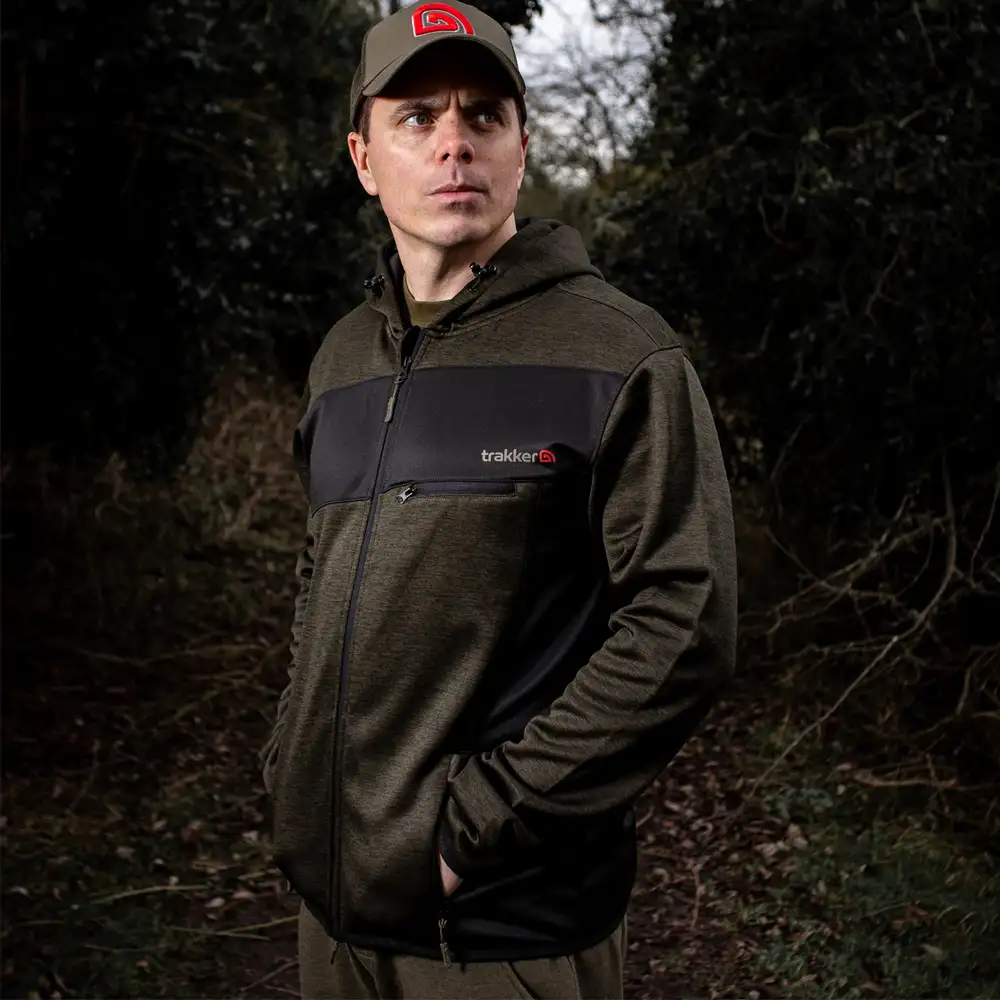 Trakker Marl Fleece Backed Fishing Hoodie In Use 3